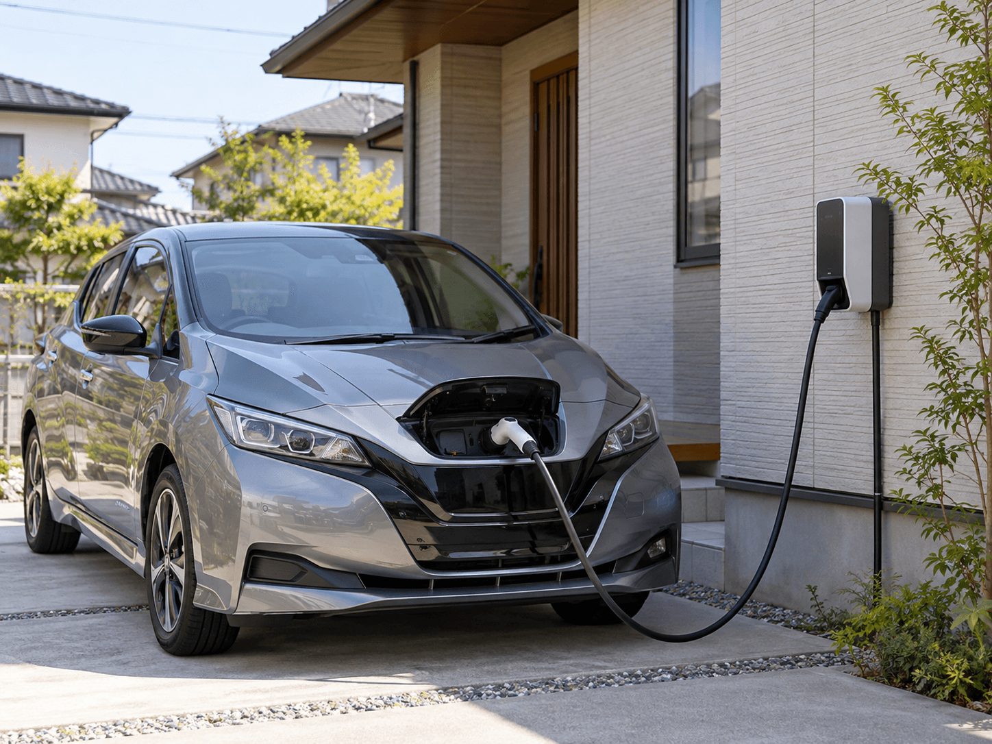 日本の戸建て住宅の駐車スペースに駐車したEVと壁掛けの充電設備