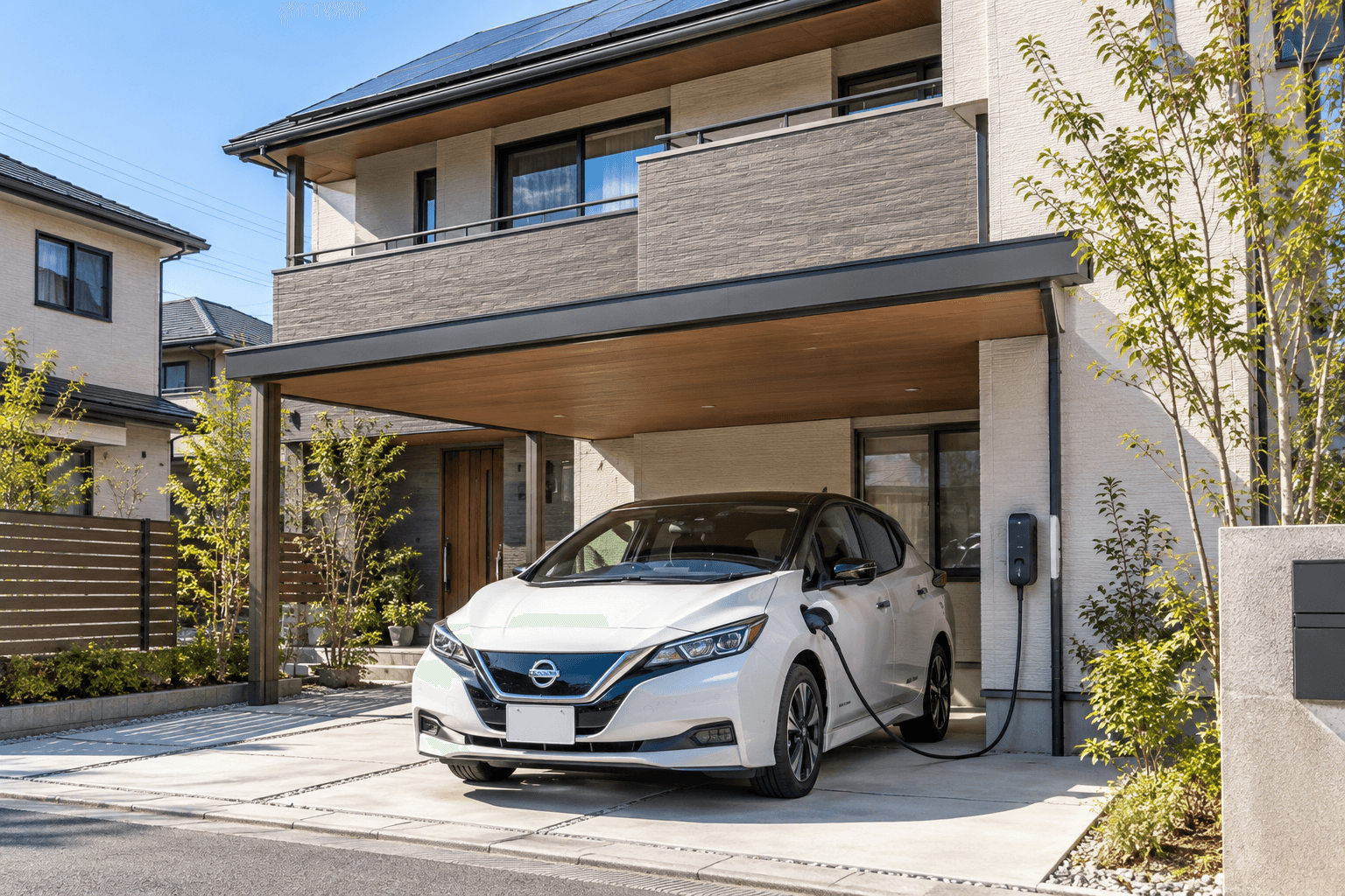 日本の2階建て戸建て住宅の駐車スペースでEVを自宅充電している様子