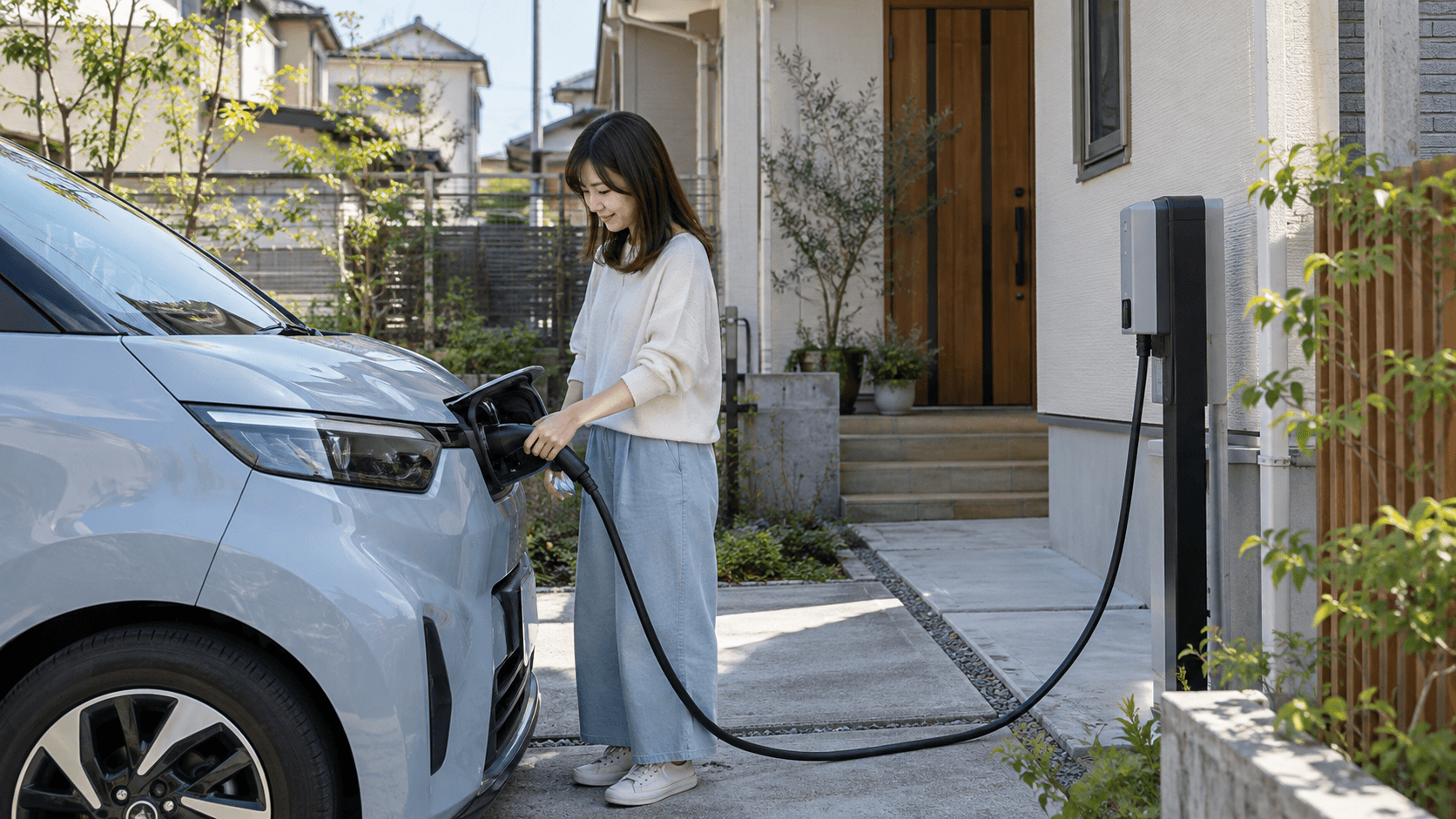 日本の戸建て住宅の駐車場でEVに充電ケーブルをつないでいる様子